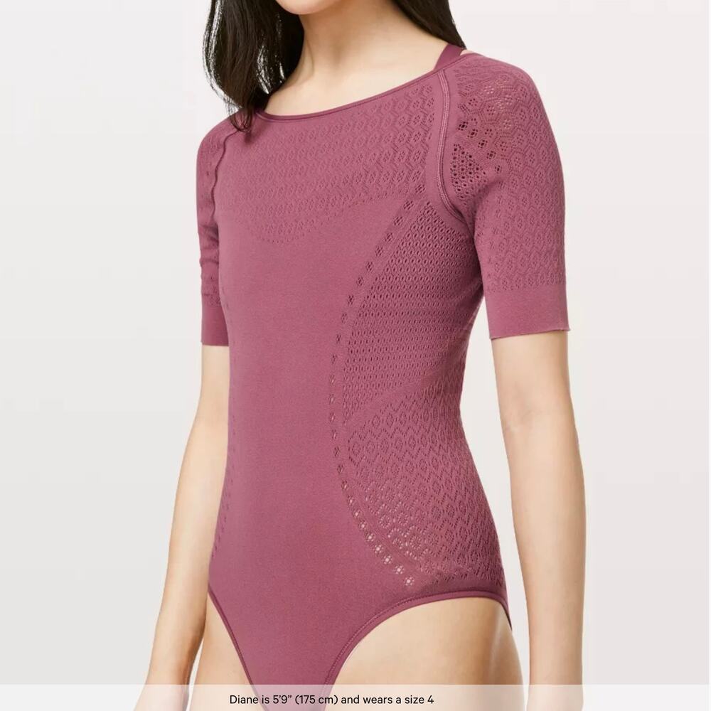 Lululemon Reveal Bodysuit Leotard Pink Open Knit Short Sleeve Berry Pink Sz 6